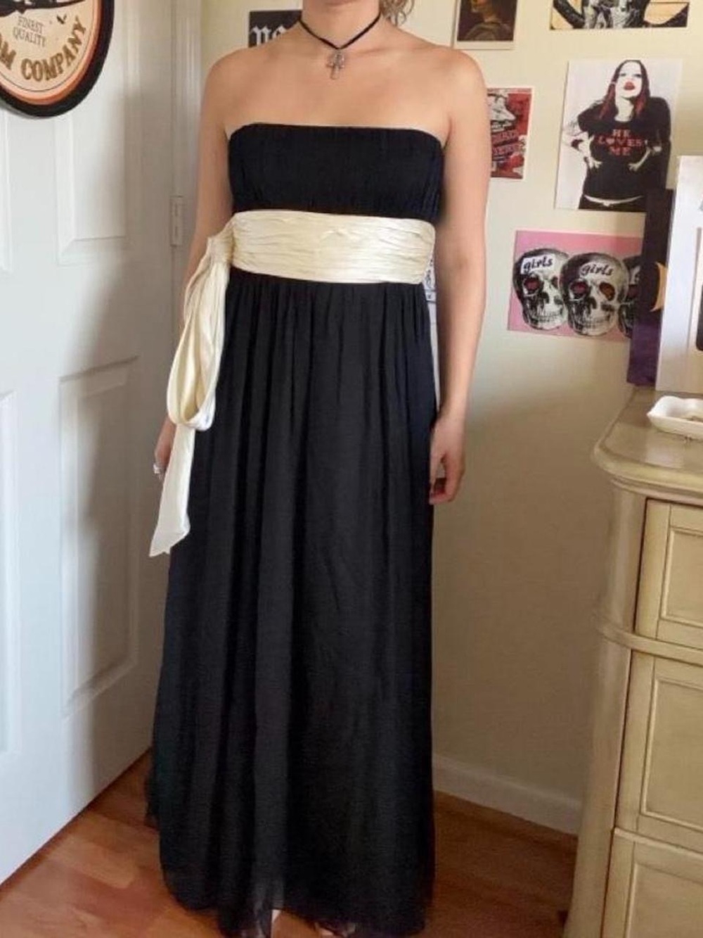 Strapless Black Maxi Dress with Cream Sash